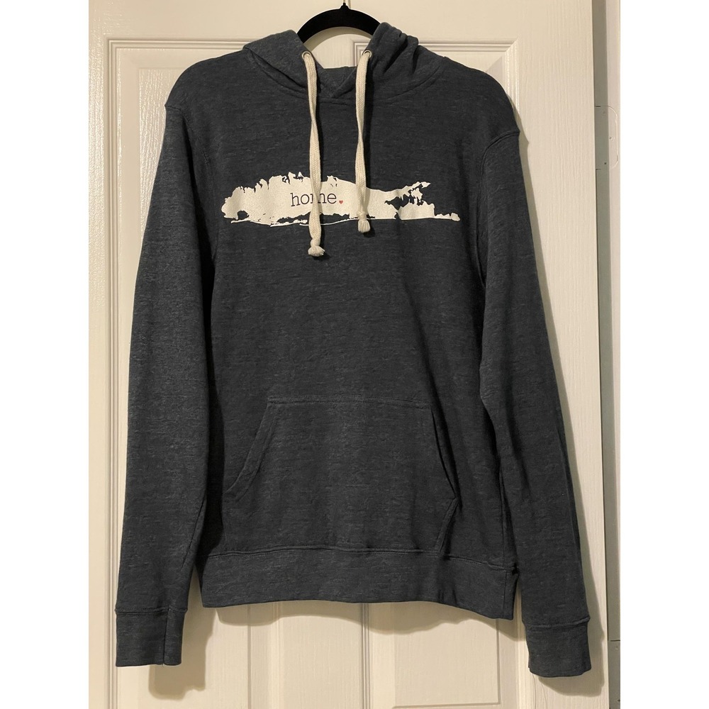 J. America Hoodie Mens Large Gray Long Island Home Heart Graphic Fleece Pullover